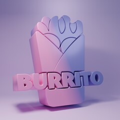 Purple Burrito icon isolated on purple background. Traditional mexican fast food. Minimalism concept. 3D render illustration