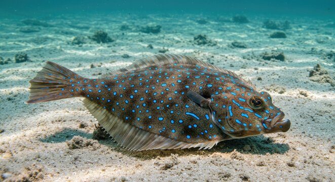 A large flatfish with a brown body covered in blue and orange spots lies on the sandy ocean floor