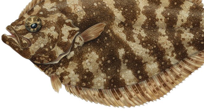 A realistic illustration of a flatfish with brown and white spots and stripes on its body, facing left, against a plain white background