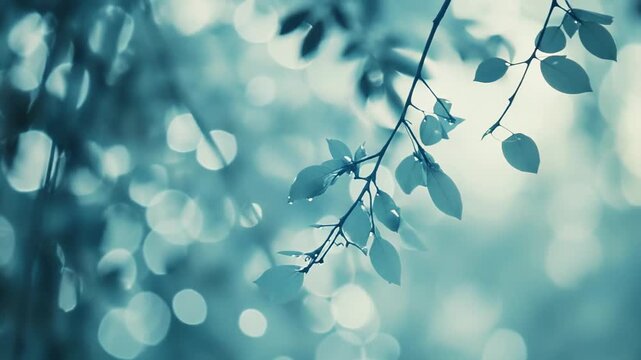 Green leaves on a branch studded with sparkling dew drops, soft blue green bokeh background evoking an early morning, serene and dreamy natural scene