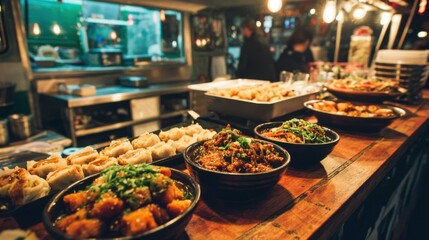 Variety of asian street food in market stall at night with warm lighting.