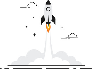 Fototapeta premium Rocket launch illustration—minimalist flat design with flames, clouds, and stars for innovation and space visuals