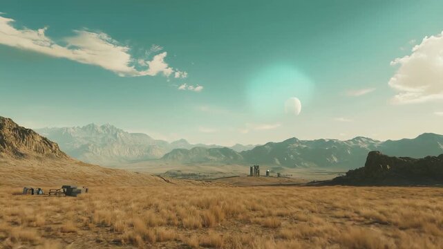 Distant base with buildings and vehicles occupying a vast, arid, extraterrestrial landscape under a pale blue sky featuring a large moon and mountainous terrain