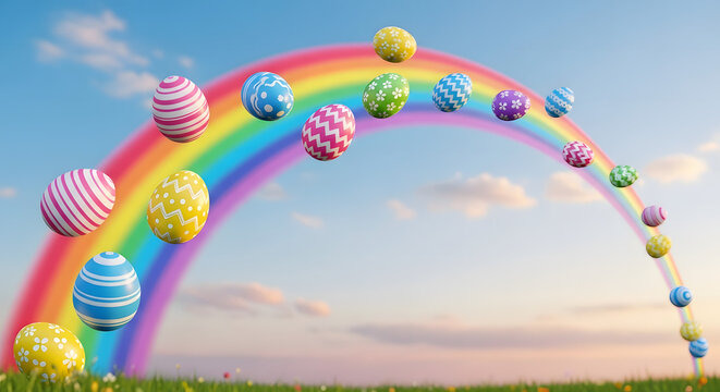 colorful easter eggs flying in rainbow arc over green grass field, spring landscape against blue sky, with copy space for holiday cards, seasonal banners and websites