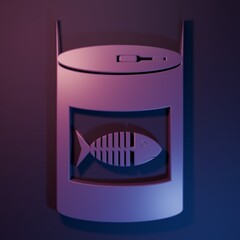 Purple Canned food for cat icon isolated on purple-blue background. Fish skeleton sign. Food for animals. Pet dog food can. Minimalism concept. 3D render illustration