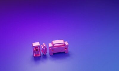 Pink Smart car alarm system icon isolated on purple-blue background. The smartphone controls the car security on the wireless. Minimalism concept. 3D render illustration