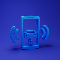 Blue Smart car alarm system icon isolated on blue background. The smartphone controls the car security on the wireless. Minimalism concept. 3D render illustration