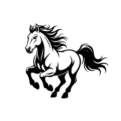 Obraz premium A black and white illustration of a horse running with its mane and tail flowing in the wind.