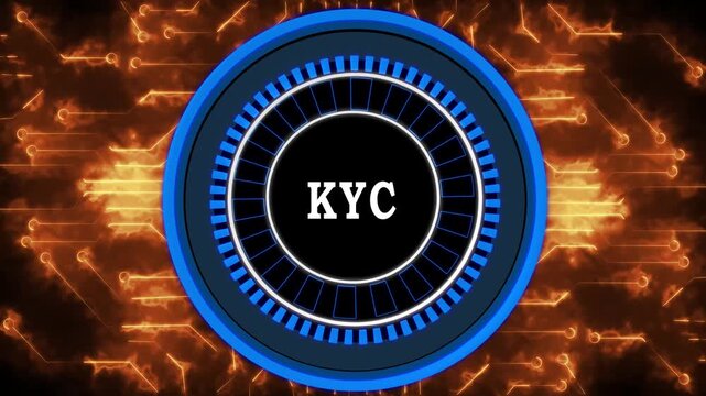 KYC acronym in center of hexagonal diagram with business icons and dot Keywords KYC, acronym, business, technology, diagram, hexagonal, icons, abstract circles and gears backgrounds 4K LOOP. 