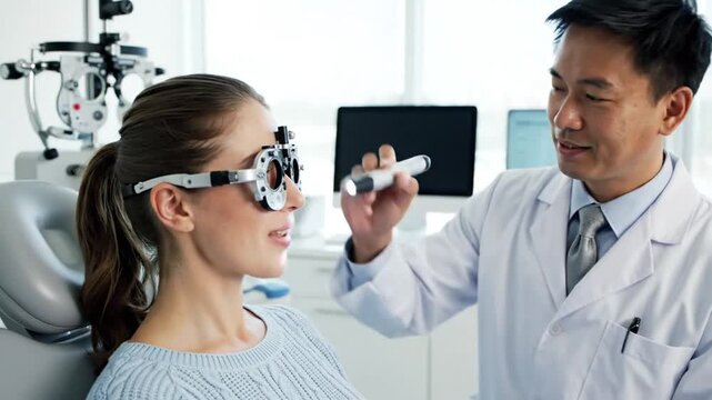 Optometrist examines a young woman s eyes during a comprehensive eye exam in a modern clinic setting showcasing healthcare and vision care services