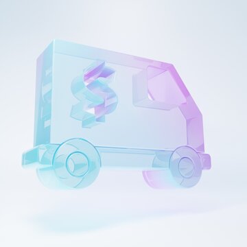 Frosted glass Armored truck icon isolated on white background. Minimalism concept. 3D render illustration