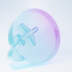 Frosted glass Globe with flying plane icon isolated on white background. Airplane fly around the planet earth. Aircraft world icon. Minimalism concept. 3D render illustration © Oksana