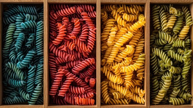 Colorful assortment of rotini pasta in four compartments: rainbow, red, yellow, green.