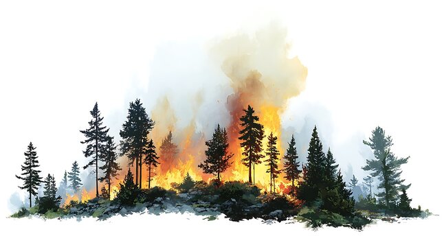 Wildfire in coniferous forest isolated on white background.