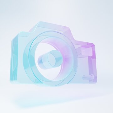 Frosted glass Photo camera icon isolated on white background. Foto camera icon. Minimalism concept. 3D render illustration
