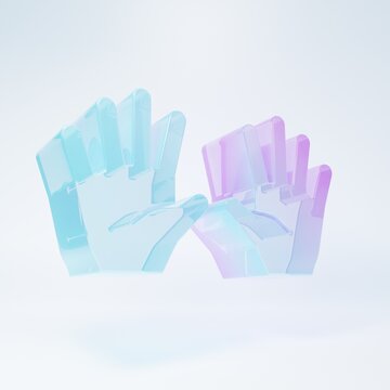 Frosted glass Medical rubber gloves icon isolated on white background. Protective rubber gloves. Minimalism concept. 3D render illustration