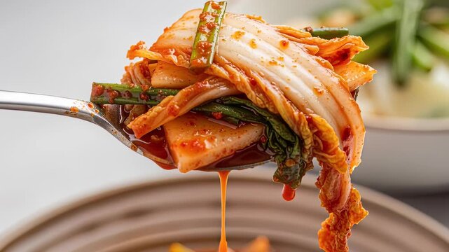 close-up of traditional homemade kimchi on a spoon, highlighting vibrant colors and textures