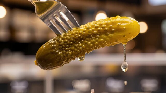 glistening dill pickle dripping on fork against blurred kitchen background