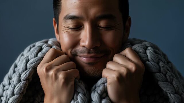 young man enjoying cozy moment wrapped in chunky knit blanket with serene expression