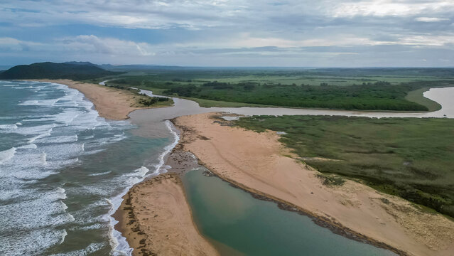Aerial drone shot of St Lucia beach and estuary in Isimangaliso wetland park
