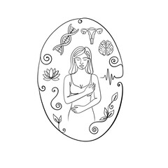 Minimalist One Line Art Illustration of a Woman with Wellness and Reproductive Health Symbols.