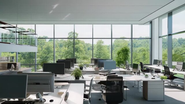 Contemporary open plan office with rows of desks, ergonomic chairs and computers, floor to ceiling glass windows offering abundant natural light and a panoramic view of green trees