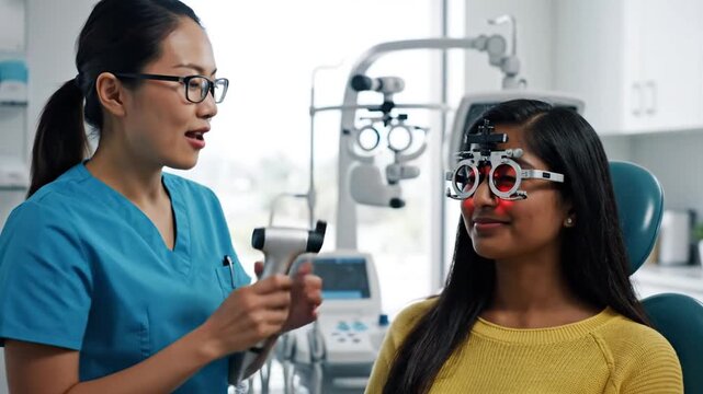 Optometrist performing eye exam on patient in modern clinic healthcare professional using diagnostic equipment to assess vision and eye health during routine checkup