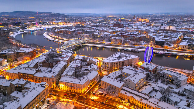 Aerial view of the night panorama of Krakow in winter, Poland
