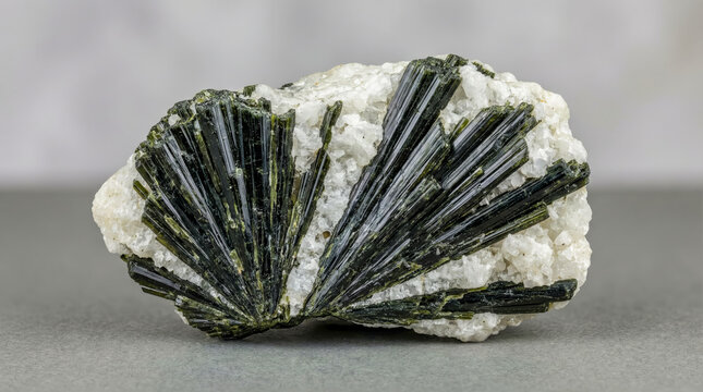 Dark green radiant acicular hedenbergite crystal aggregate on a matrix of white coarse-grained calcite.