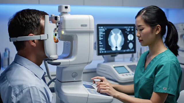 Patient undergoing eye examination with advanced diagnostic equipment in a modern ophthalmology clinic showcasing preventative healthcare and precision medical technology