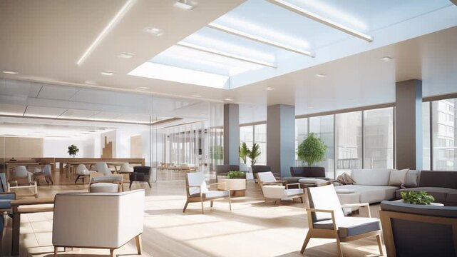 Modern office lobby offering a spacious, bright environment for relaxation and informal meetings, featuring comfortable furniture, large windows, and a refreshing skylight overhead