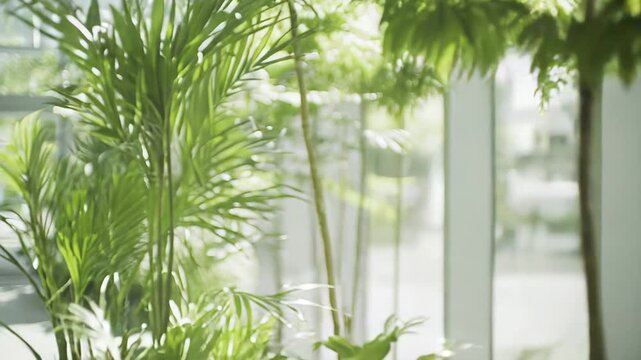 Lush green foliage creating a tranquil, natural environment inside a bright, contemporary building with large windows allowing abundant sunlight to filter through