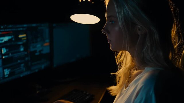 Medium shot showing someone comparing multiple social media profiles on a splitscreen monitor assessing differences in online identity and communication styles.
