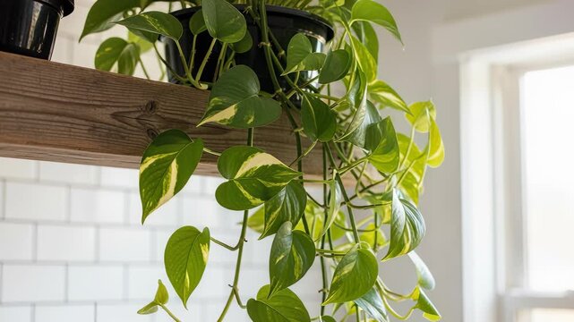 sunlit philodendron plant cascading from wooden shelf in modern white tiled kitchen