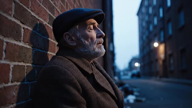 Pensive elderly man in a flat cap leans against a brick wall at dusk gazing thoughtfully into the distance with a melancholic and reflective expression