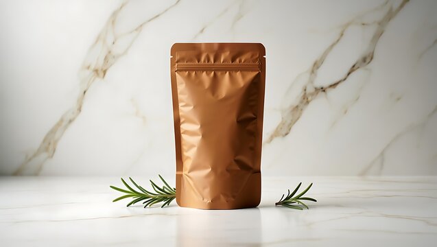 Standing empty brown kraft paper pouch with zip seal on white marble surface with fresh rosemary sprigs