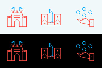 Set line Juggling ball, Castle and Home stereo with two speakers icon. Vector