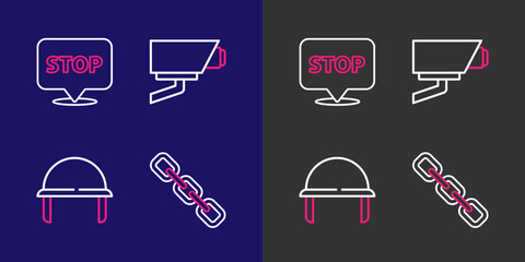 Obraz premium Set line Chain link, Military helmet, Security camera and Protest icon. Vector