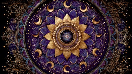 Radiant Mandala Artwork: Dynamic Crescent Moon Motifs Entwined in a Circular Formation with Vibrant Gold and Deep Purple Accents for Mystical Elegance