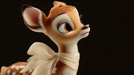 Delightful Animated Cartoon Deer with a Cream Bow and Graceful Gaze in Vivid Style