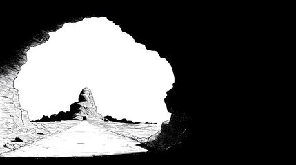 Sleek Vector Outline Drawing of a Mysterious Cave Entrance with an Ancient Rock for Adventure Projects