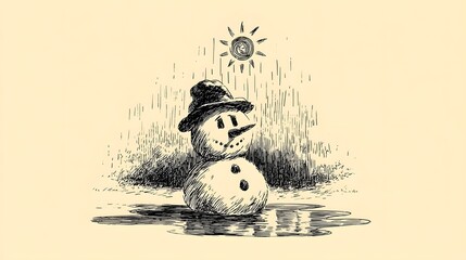Vintage Hand-Sketched Illustration of a Melting Snowman Depicting Wistful Sadness Under Harsh Sunlight
