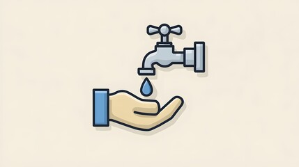 Intricately Illustrated 2D Water Conservation Icon with Clean Minimalist Style and a Sustainable Message in Blue and Beige