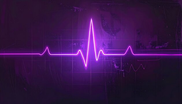 Purple neon ecg heartbeat line on dark background with grid