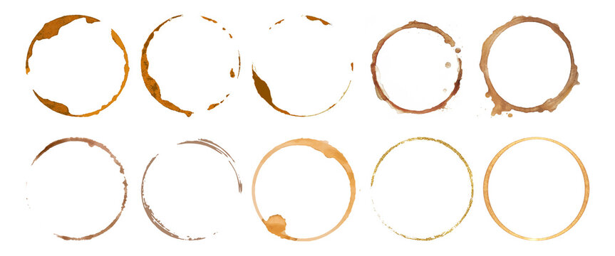 Coffee stains set collection on white. Coffee cup stain isolated Png, coffee stains in multiple shapes on transparent background
