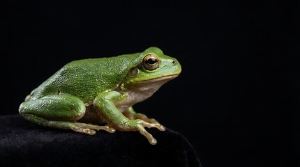 Obraz premium Green tree frog close up portrait on black background for wildlife concept..