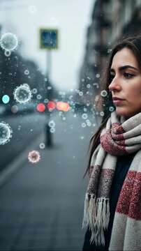 Woman blowing red bubbles on urban street at dusk. Creative play with floating spheres in city environment. Artistic expression and joyful moment in evening setting. Vertical video