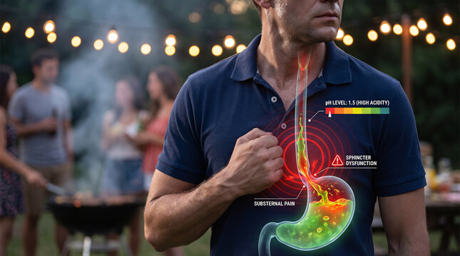 Acid reflux and heartburn concept: man at BBQ experiencing GERD with digital anatomy overlay of esophagus.