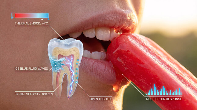 Sensitive teeth diagram showing dentin hypersensitivity pain while biting a cold popsicle.