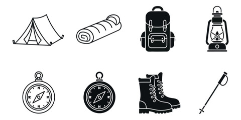 Black and white camping including tent sleeping bag backpack lantern compasses hiking boot and trekking pole © VARIOUS